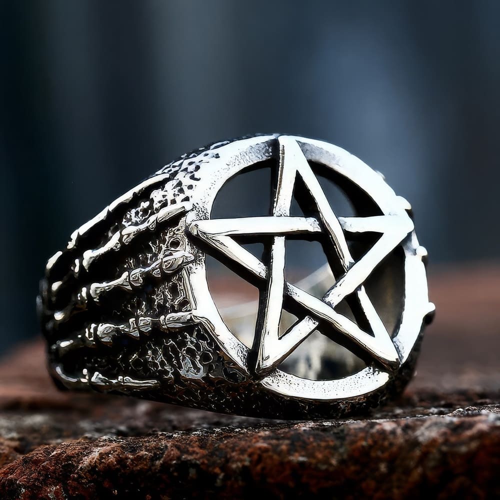 Bague Pentagramme et Main de Squelette