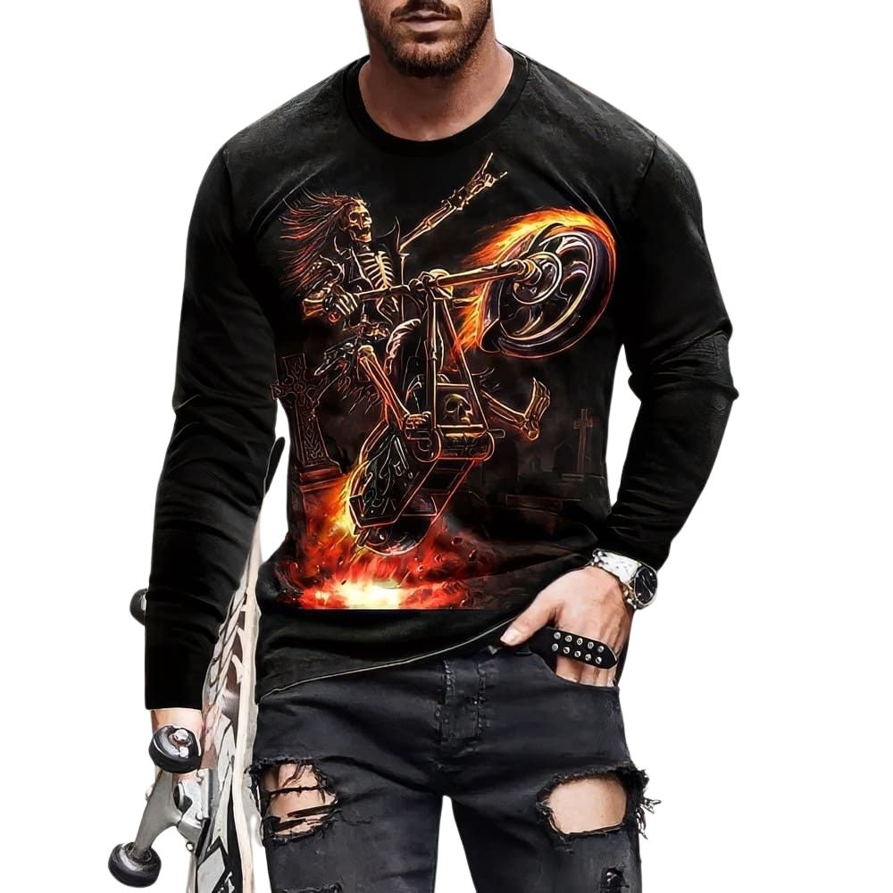 T-Shirt Squelette à Moto Manches Longues