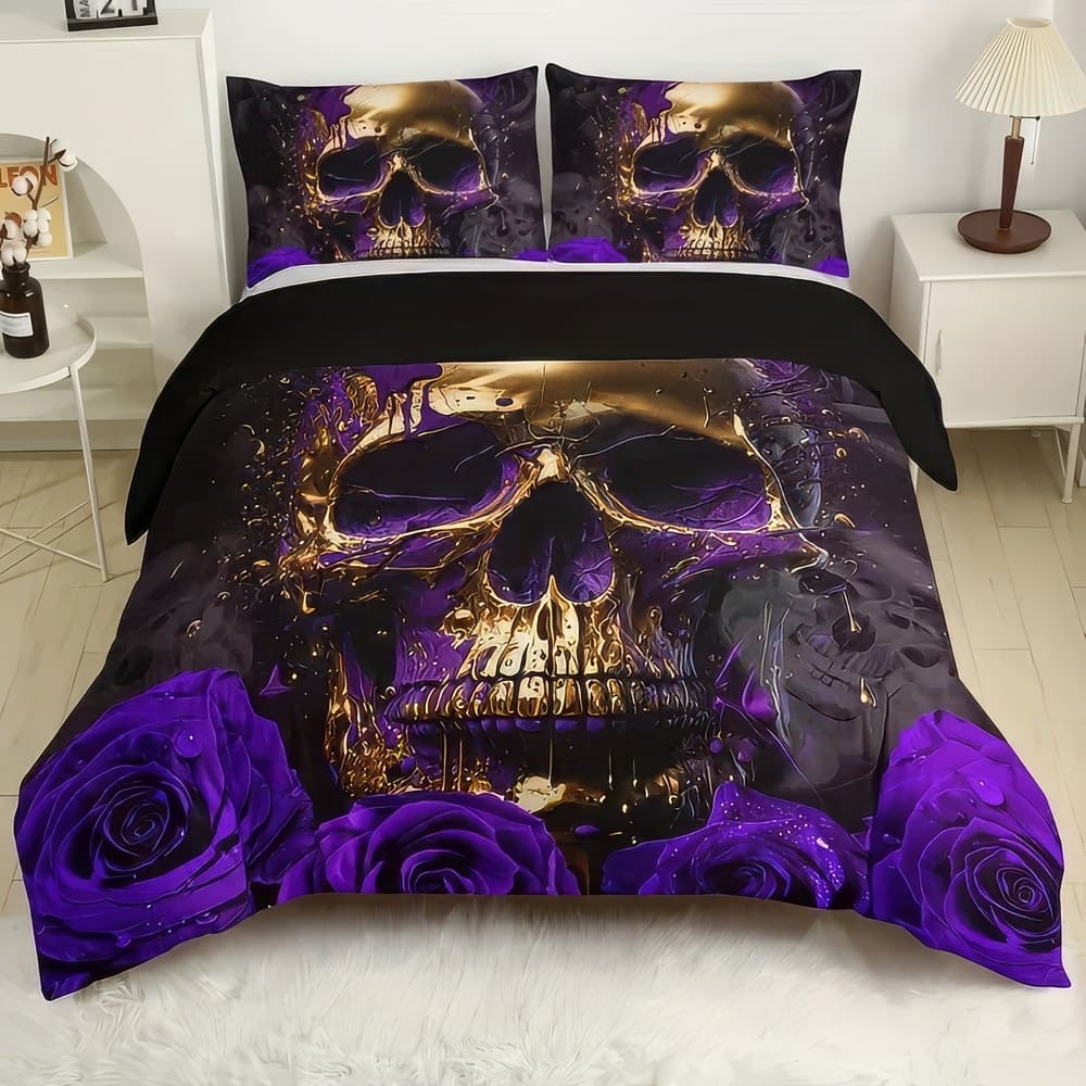 Housse De Couette Skull Fleurs Violettes